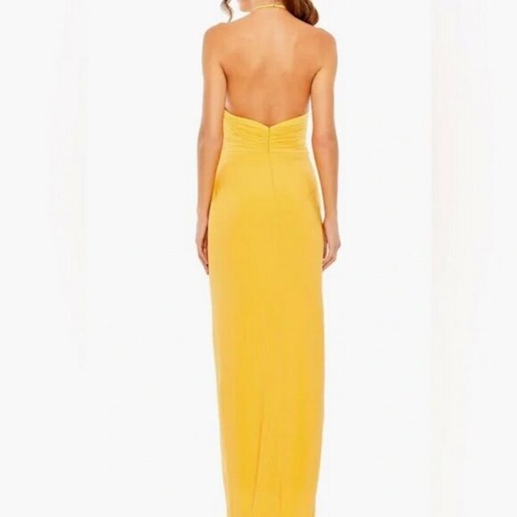 Ieena Mac Duggal Marigold Yellow Halter Neck Ruched Side Slit Gown - Picture 2 of 3